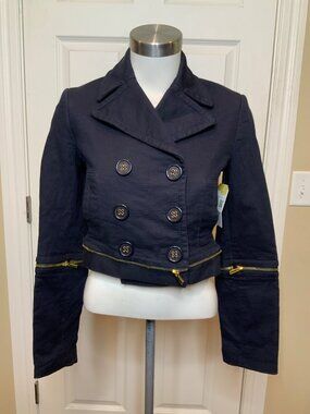 BCBG Max Azria Dark Wash Blue Denim Cropped Double Breasted Jacket, Size XS